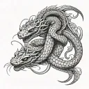 Garter snake wrapped around a dragon flying tattoo design idea