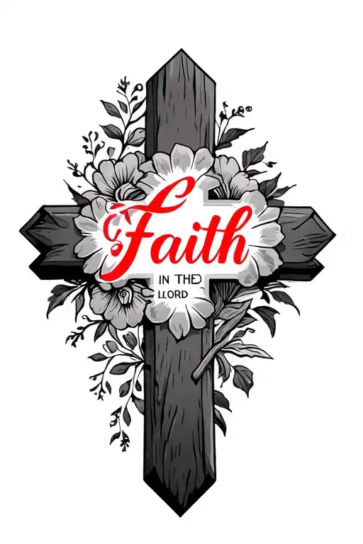 a cross with a red wording inside saying faith in the lord with some floral tattoo design idea