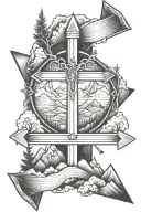 arrow with a cross and mountains  tattoo design idea
