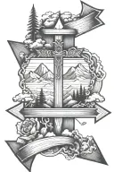 arrow with a cross and mountains  tattoo design idea