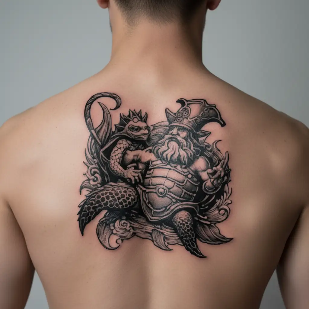 king Neptune & shellback turtle swimming tattoo design idea