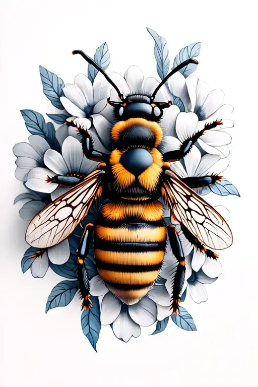 bee with flowers tattoo design idea