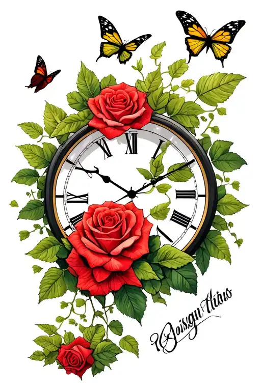 roses butterflies clock poison ivy leaves tattoo design idea