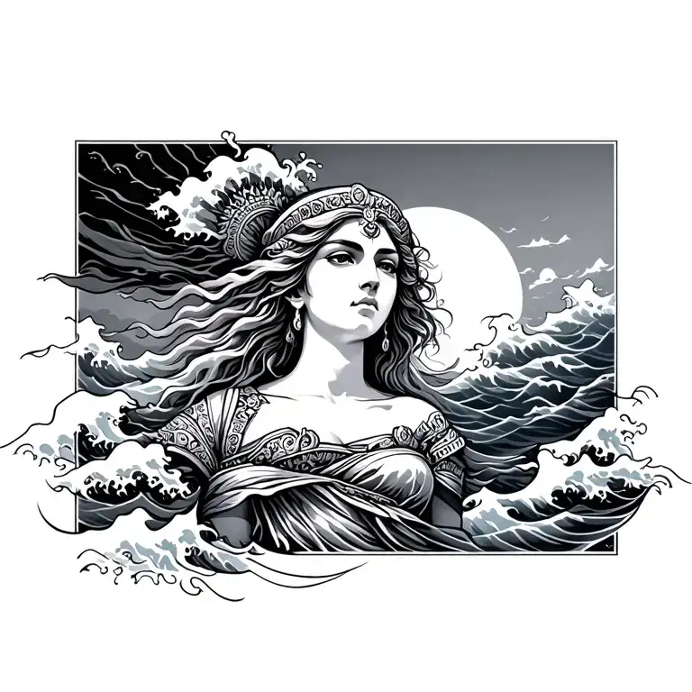 Athena goddess japanese waves flowing tattoo design idea