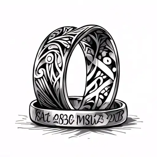 Two rings with the first names and date of birth of our 2 children as well as our wedding date and our first names tattoo design idea
