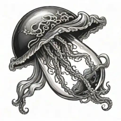 realistic black and grey jellyfish holding a potion bottle tattoo design idea