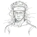 Gojo Satoru with a blindfold, fire from behind, portrait of the floor sideways tattoo design idea