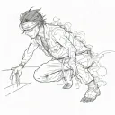 Gojo Satoru with a blindfold, fire from behind, portrait of the floor sideways tattoo design idea