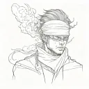 Gojo Satoru with a blindfold, fire from behind, portrait of the floor sideways tattoo design idea