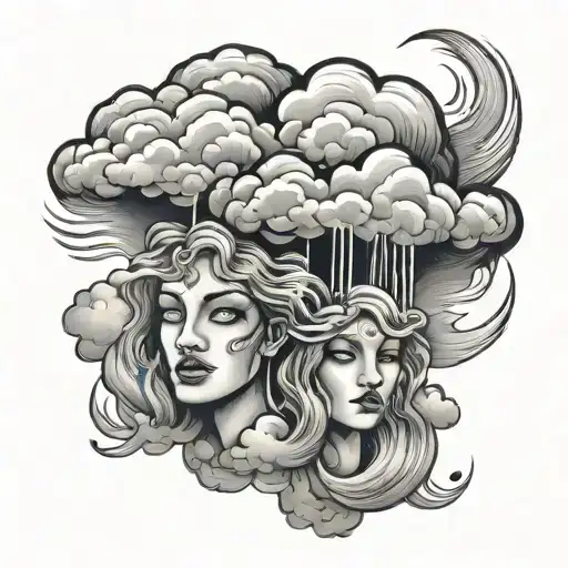 raining cloud with three faces in the cloud tattoo design idea