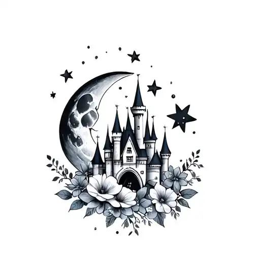 moon stars, disney castle, flowers, floating tattoo design idea