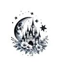 moon stars, disney castle, flowers, floating tattoo design idea