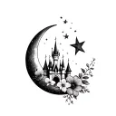 moon stars, disney castle, flowers, floating tattoo design idea