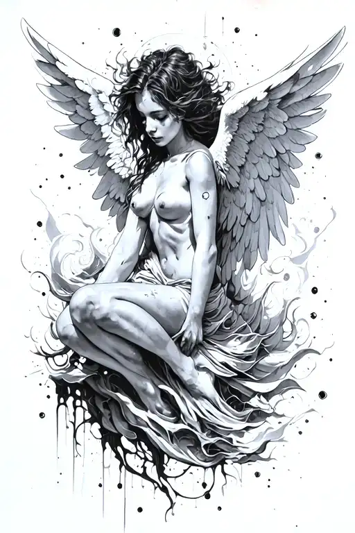 fallen angel in space thin line black and white abstract tattoo design idea