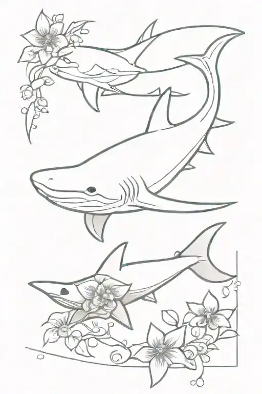 shark turtle manta ray with flowers tattoo design idea