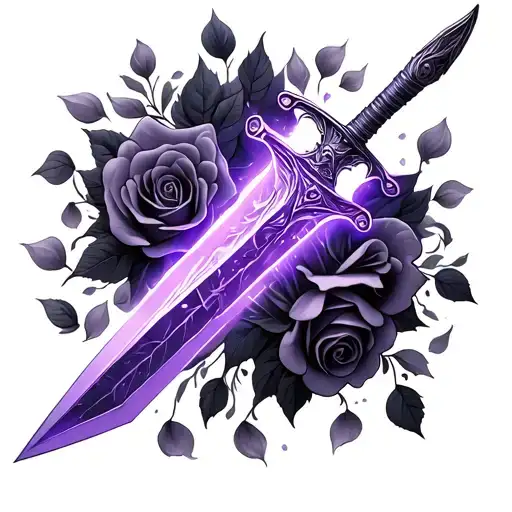 a glowing purple dagger with rose petals around it  tattoo design idea