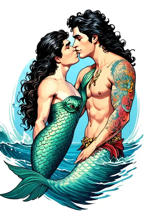 Prince Eric, no tattoos, with a Male merman, Ariel as a man, in the ocean kissing. tattoo design idea