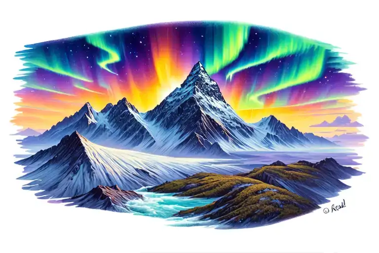 moutains aurora borealis colors tattoo design idea