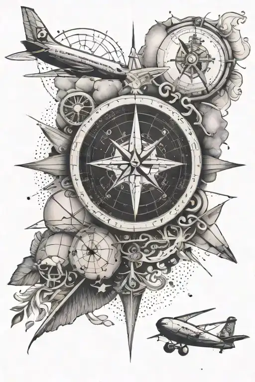 compass and airplane and earth tattoo design idea