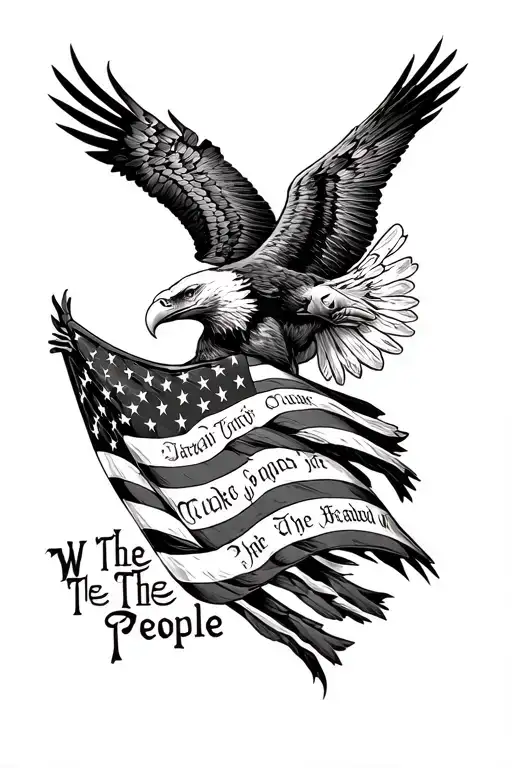 USA Flag primarily black, bald eagle intertwined, "We The People", freedom tattoo design idea