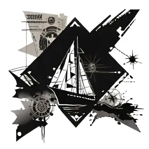 a ship in the style of trash polka, behind the ship a wind rose and newspaper clippings tattoo design idea