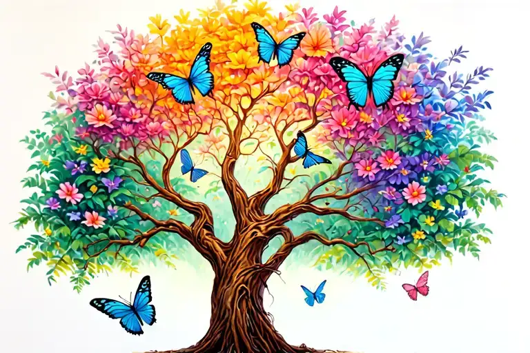 memorial tree with butterflies, dragonflies and frogs tattoo design idea