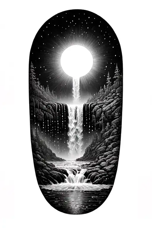 a sun melting into a waterfall that turns into rain drops tattoo design idea