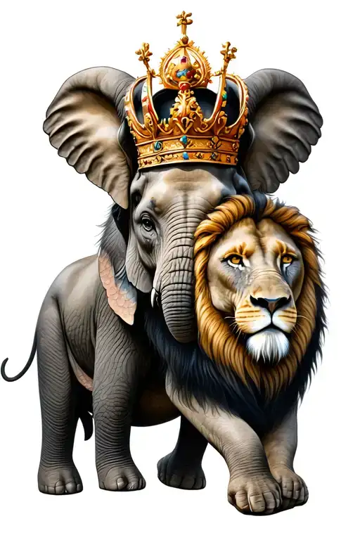 elephant & lion wearing a crown tattoo design idea