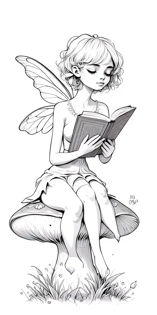 a small fairy with short, whispy hair. she is sitting on a mushroom. she is reading a book that is too big for her.  tattoo design idea