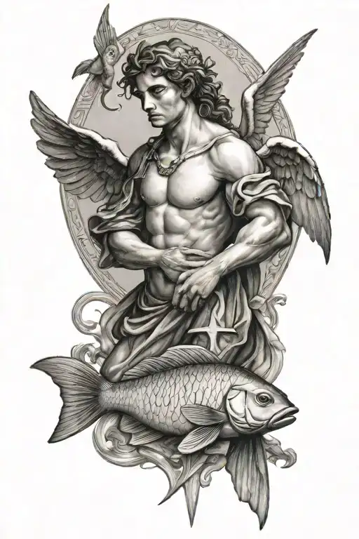 Raphael angel with fish tattoo design idea
