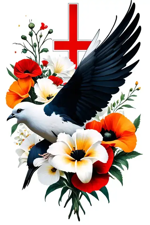 red cross black white light dove white orange lillies red poppies black thorn crown tattoo design idea