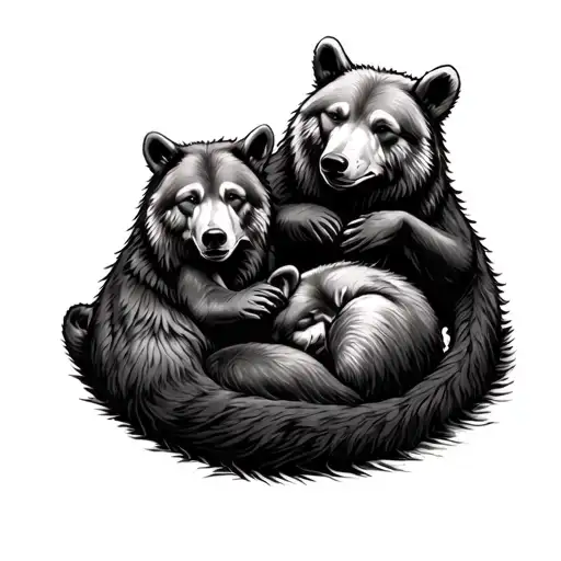 2 bears and 1 wolf curled up sleeping tattoo design idea