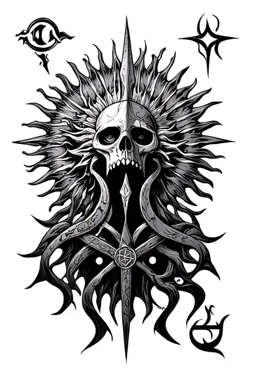 sun ,dark, runes, immortal, anti possession, warrior, luck, wealth, family protector tattoo design idea