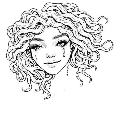 medusa with pronounced cheekbones and sultry eyes smiling with tears flowing  tattoo design idea