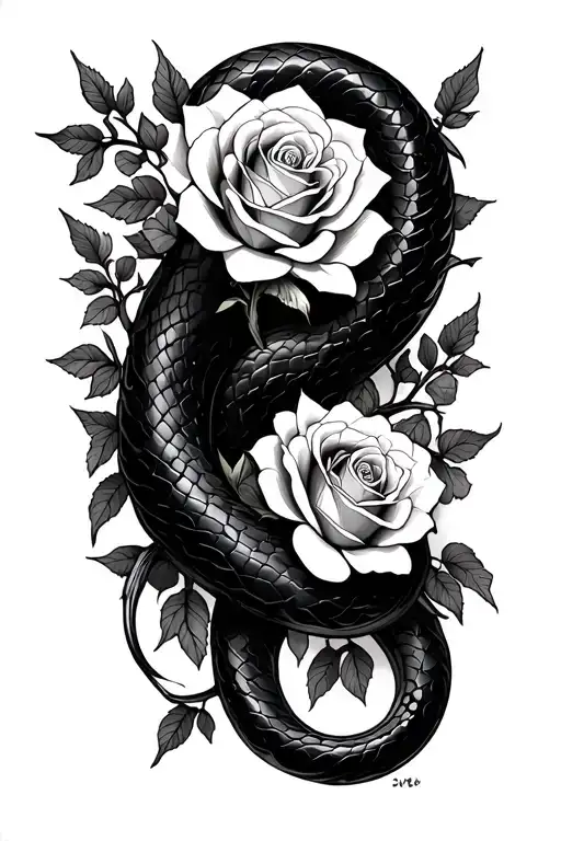 roses with vines and thorns around the arm with a black mamba starting from the wrist going up towards the elbow tattoo design idea