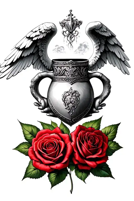 black and white claddagh with angel wings coming out of the hands, two red lancashire roses underneath  tattoo design idea