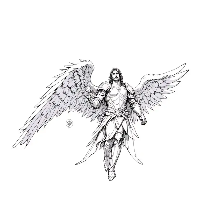 Archangel Miguel coming down from the sky with huge wings open with angelic armor tattoo design idea