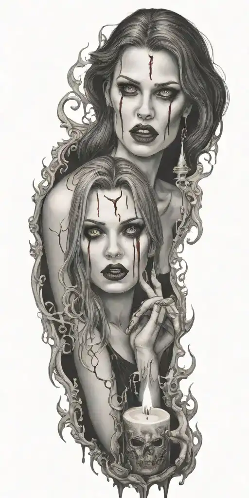 vampire blood women candle burning tattoo design idea