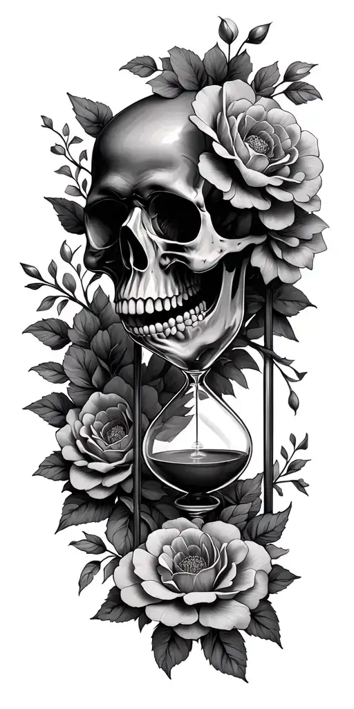 skull, hourglass, flowers intertwined tattoo design idea