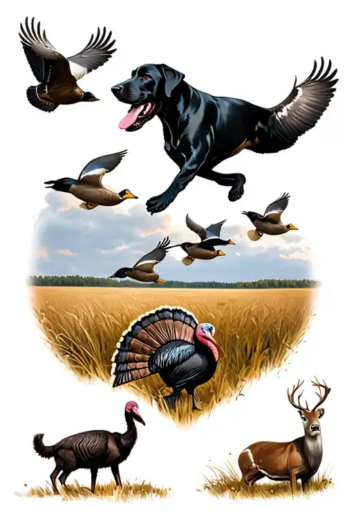 hunting tattoo featuring black lab, 3 ducks flying on top, with a turkey and deer in a field on the bottom  tattoo design idea
