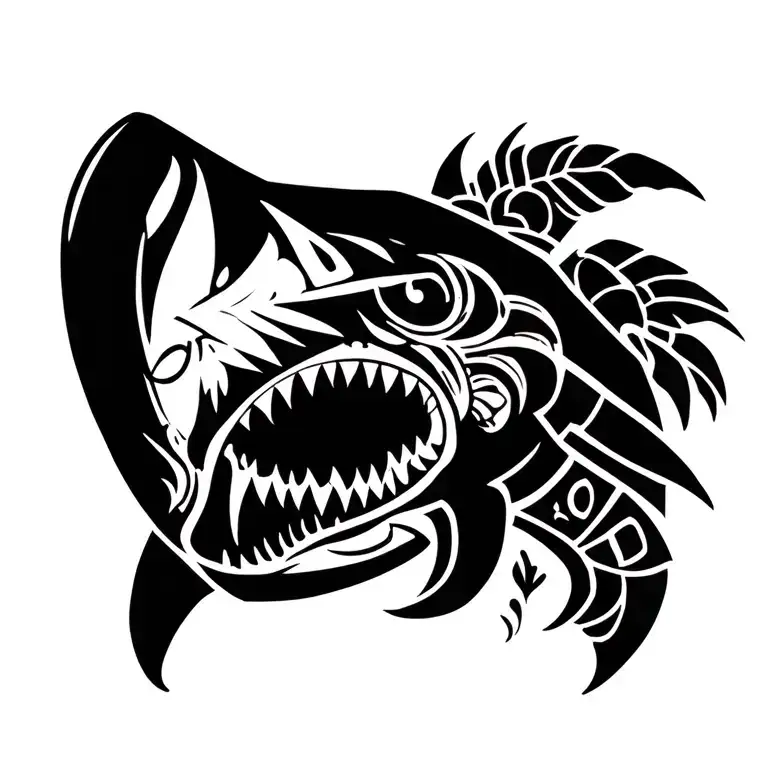 A unique combination of Enata, Tiki, Shark tooth, and Turtle elements in a Polynesian tribal design on left chest tattoo design idea