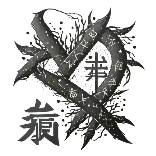 A tattoo featuring the kanjis for 'kai no yokan' with dotwork lines branching out from them and extending along the arm, with additional details like stars or dots tattoo design idea