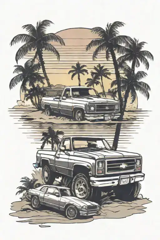 Chevy square body truck parked on the beach with a sunset and water in the background speedometer palm trees side tattoo design idea