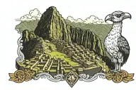Machu Picchu landscape with Inca symbols, alpaca, Andean condor, Peru flag tattoo design idea