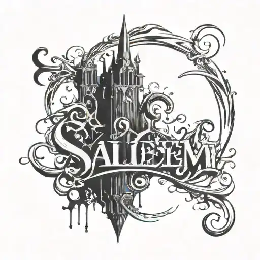 the word Salem in dramatic gothic writing. with a wild touch added. tattoo design idea