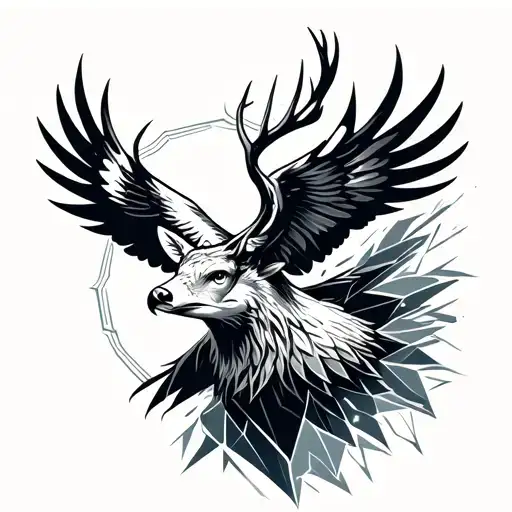 A mystical full upper arm tattoo starting from the shoulder, featuring a majestic eagle soaring above, a noble deer stan tattoo design idea