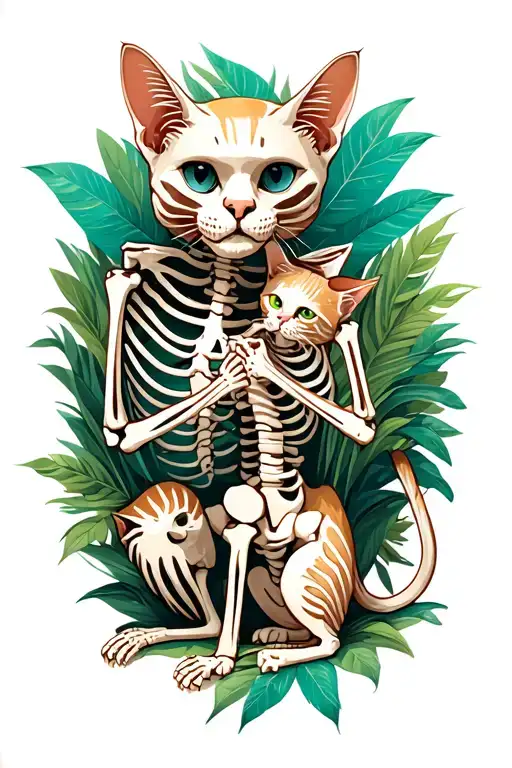 cat skeleton playing with a cat in the jungle setting tattoo design idea