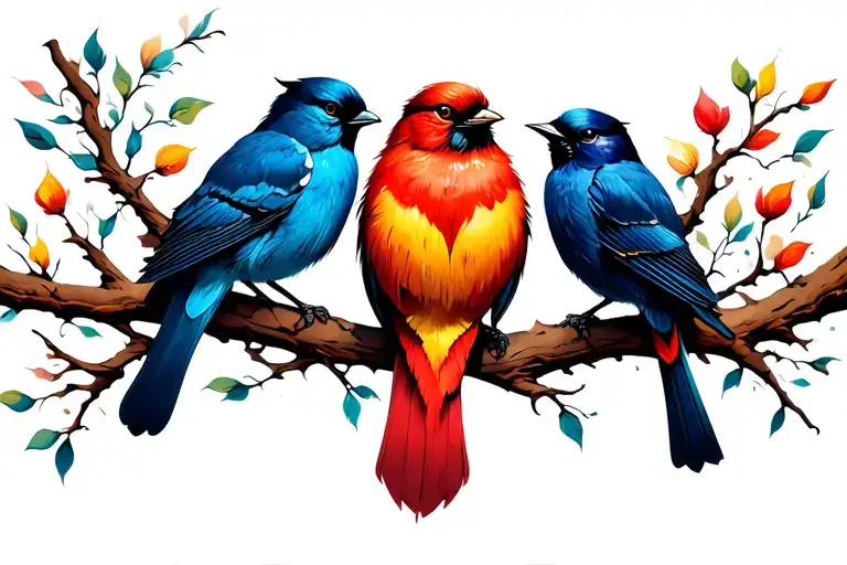 3 birds of different color on long windy branch tattoo design idea
