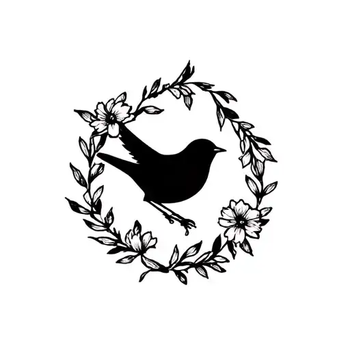 black bird in flower wreath tattoo design idea