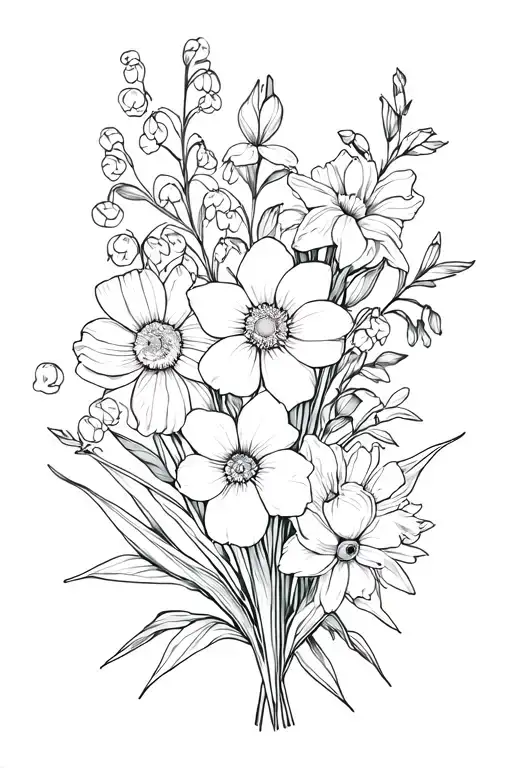 bouquet with daffodil, daisy, lily of the valley, gladiolus, morning glory, marigold, and peony tattoo design idea